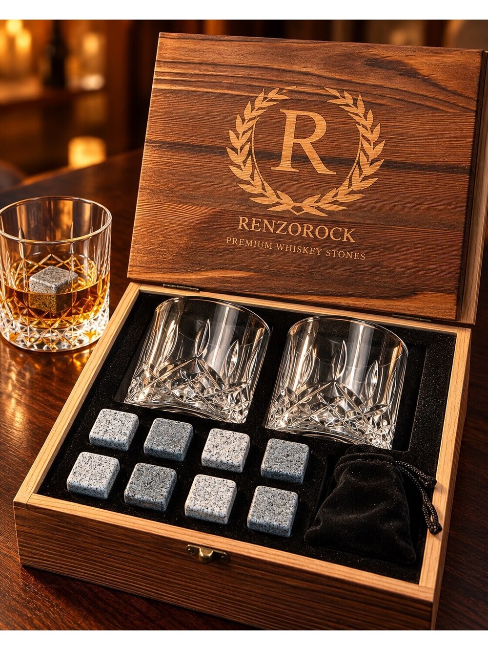 Renzorock Whiskey Glass Gift Set 2 Glasses 8 Granite Stones Wooden Box
